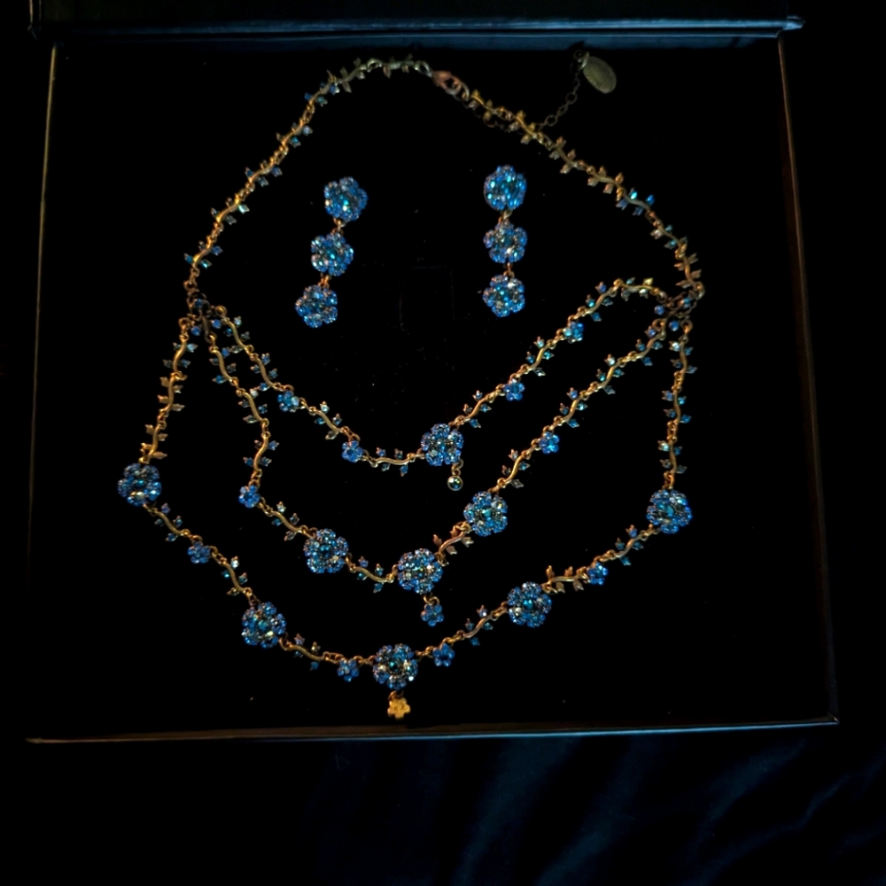 Michal Negrin 3 Layer Bib Necklace WITH Matching Earrings, ORIGINAL BOX INCLUDED